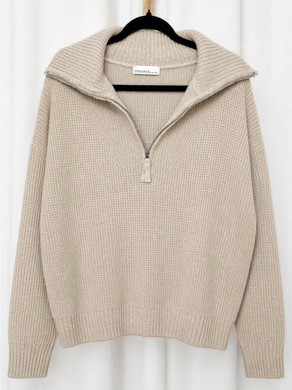 Zenana Outfitters Beige Half-Zip Waffle Knit Turtleneck Sweater